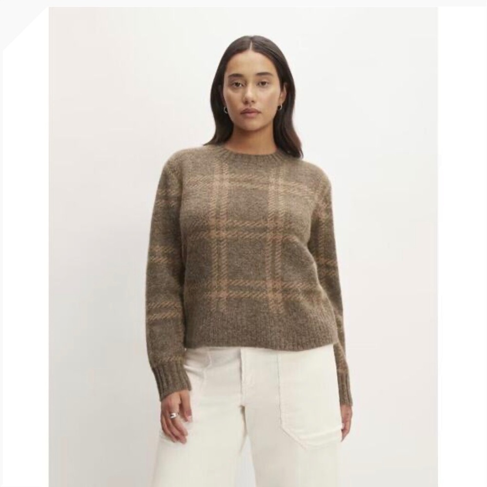 Everlane Alpaca Plaid‎ Crewneck Sweater Brown Tan Wool Blend Small S